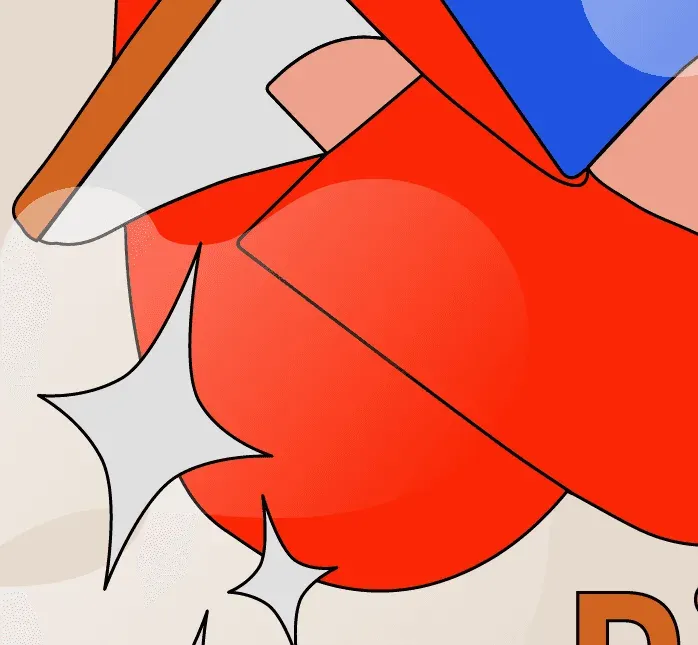A detail of the Speech Competition illustration on paper: a red figure, a pencil and sparkles