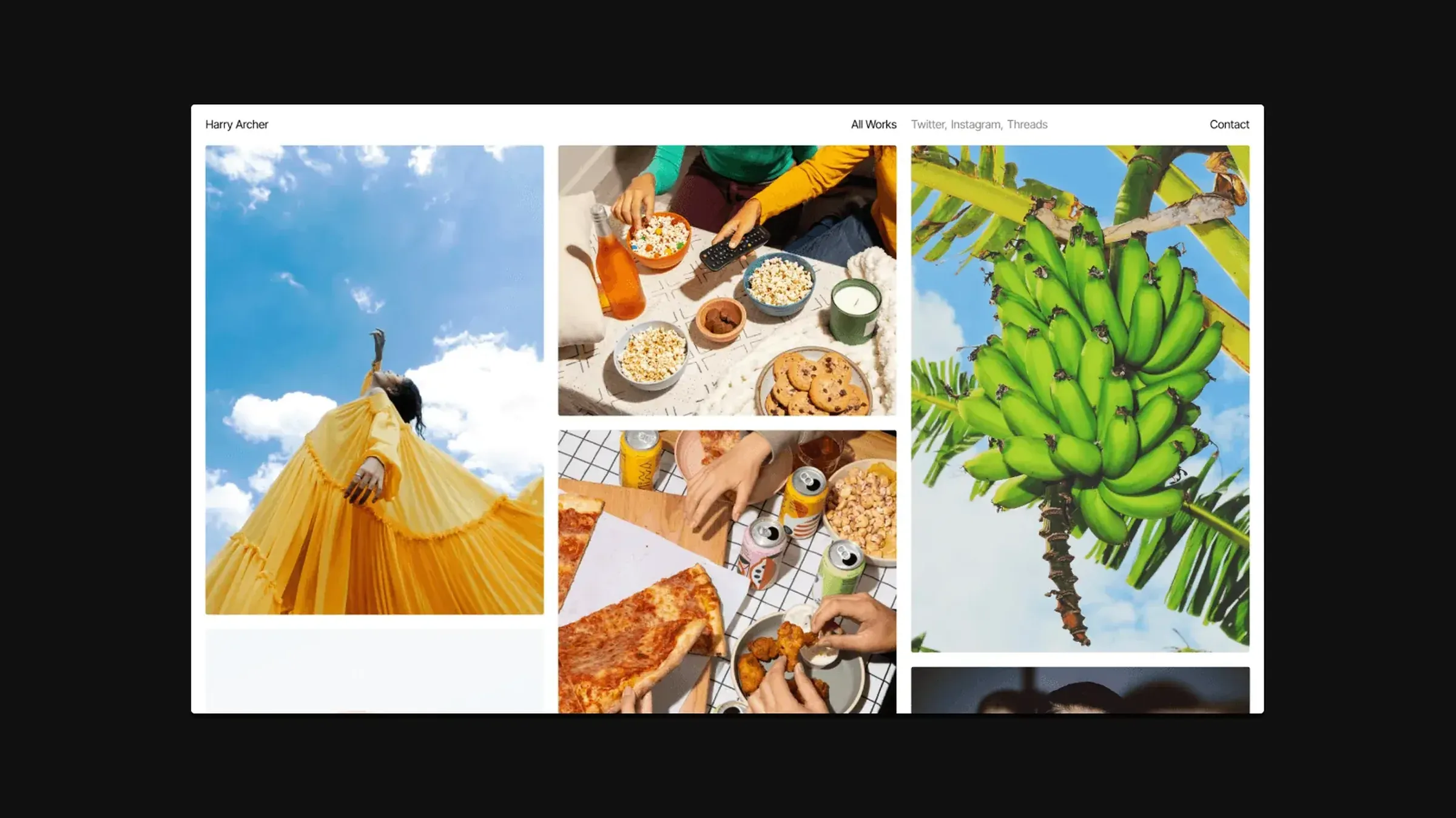 The Archer homepage in a browser window on black: a woman in a yellow dress against the sky, snacks and green bananas