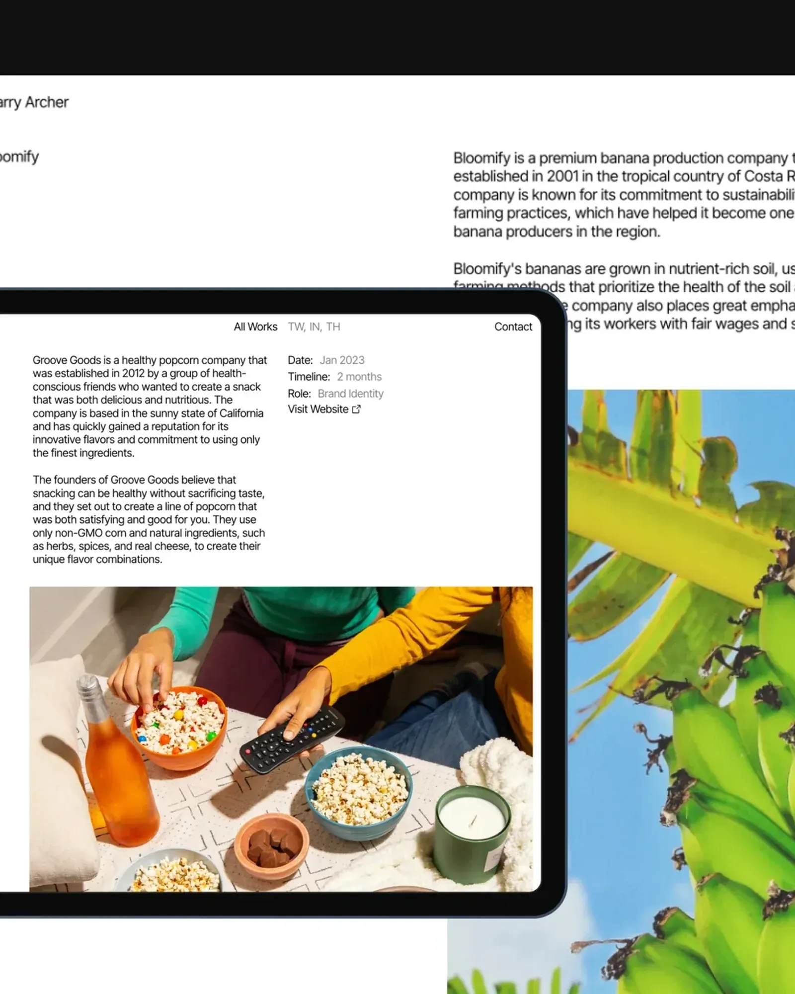 An iPad showing the Grove Goods project page over a desktop Boomify page with green bananas