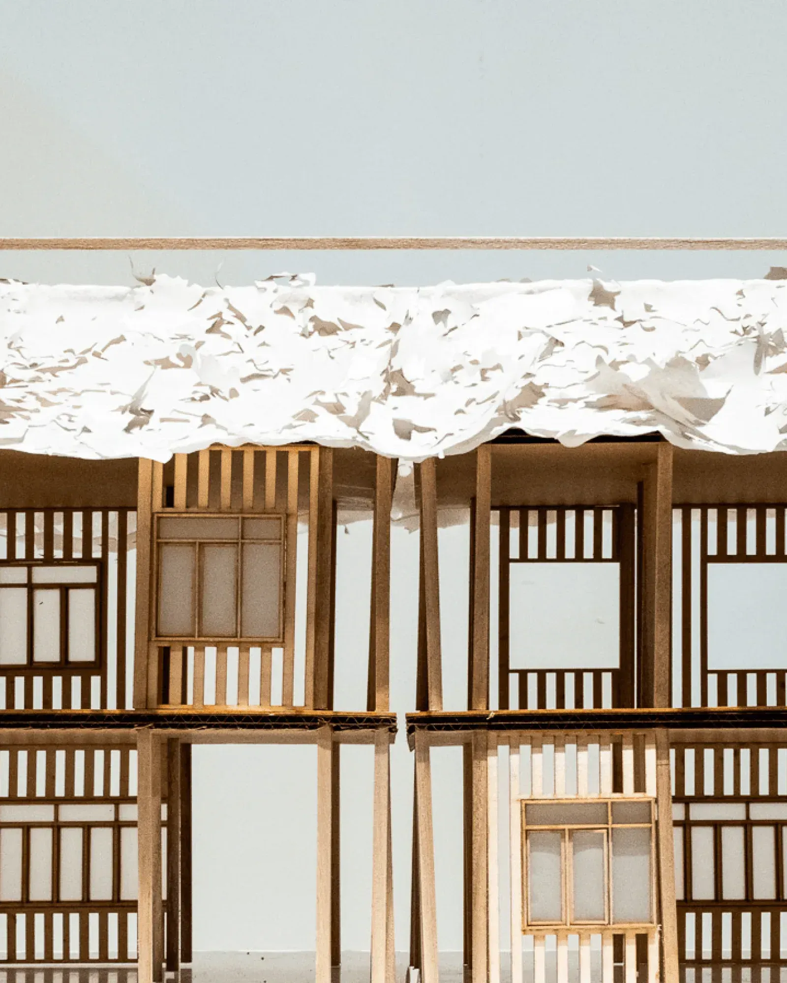 檐下 Under the Eaves in detail: the torn paper eaves over the balsa lattice