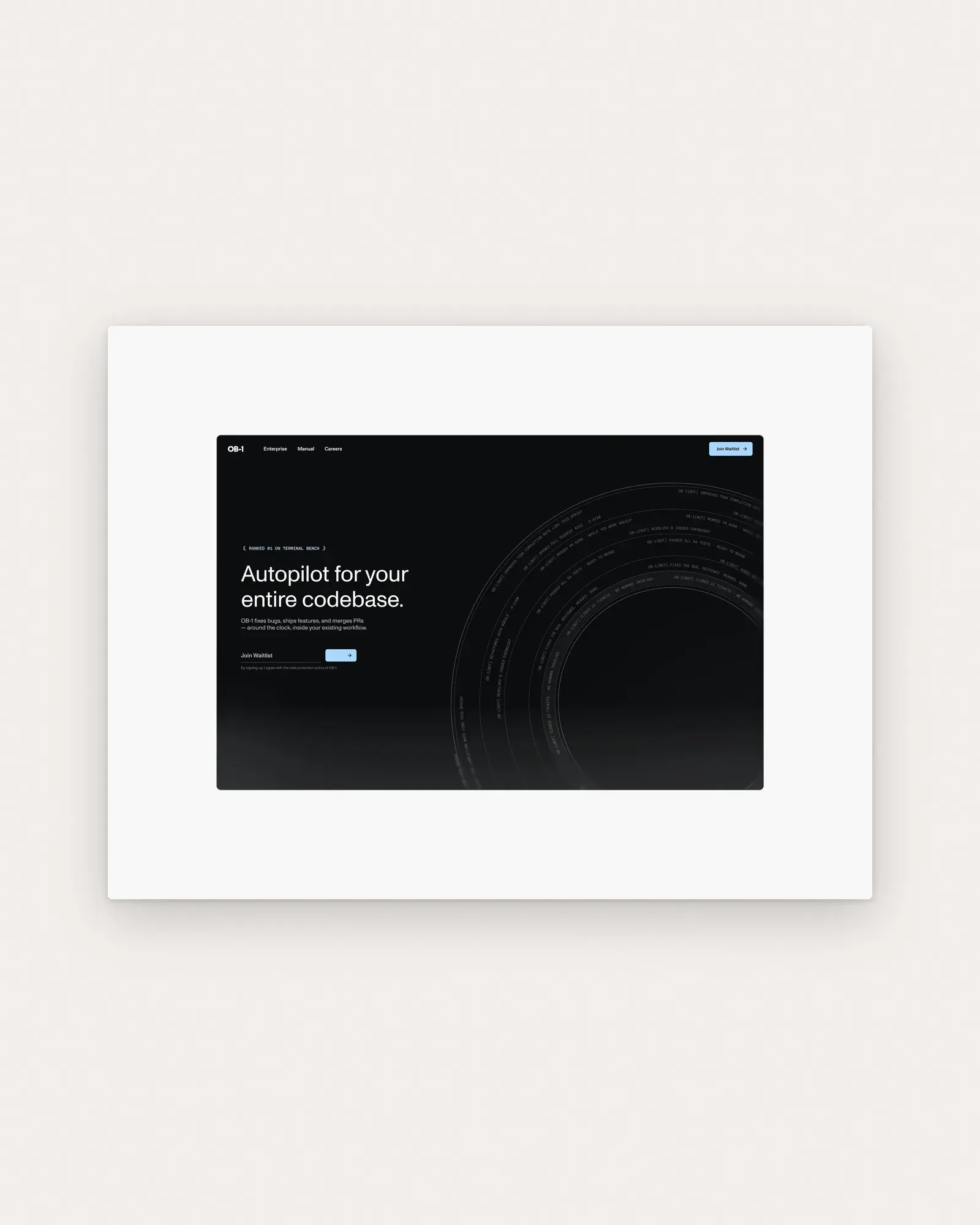 The dark OB-1 landing page: Enterprise, Manual and Careers in the nav, the hero headline, and arcs of OB-1[BOT] commit messages