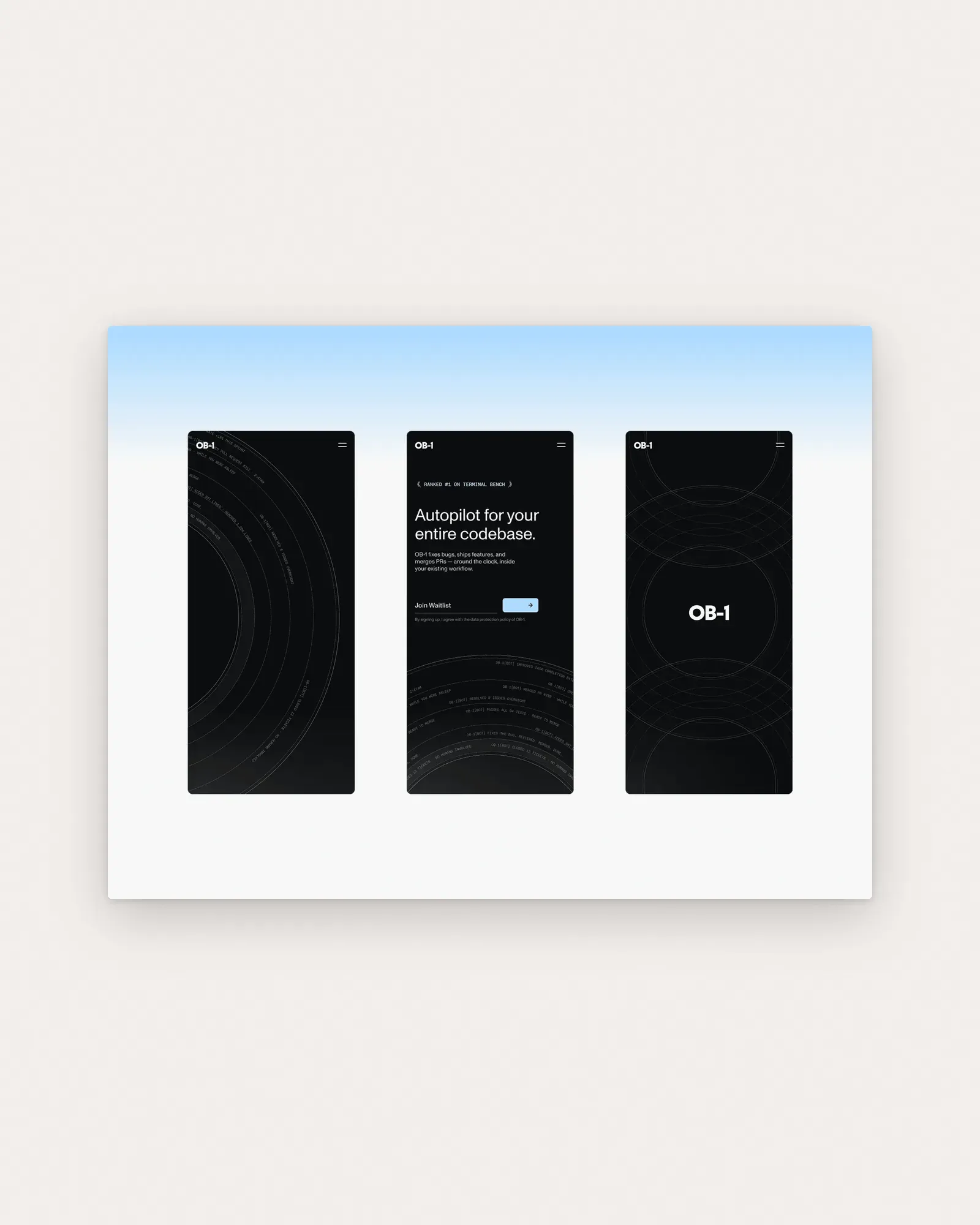 Three dark OB-1 mobile screens on a pale-blue gradient: bot-log arcs, the waitlist hero and the wordmark over circles, on paper
